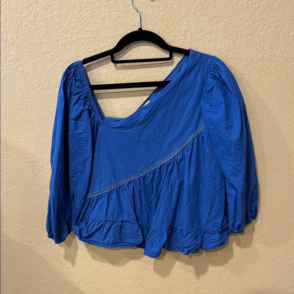 Royal Blue Puff-Sleeve Asymmetric Ruffle Blouse